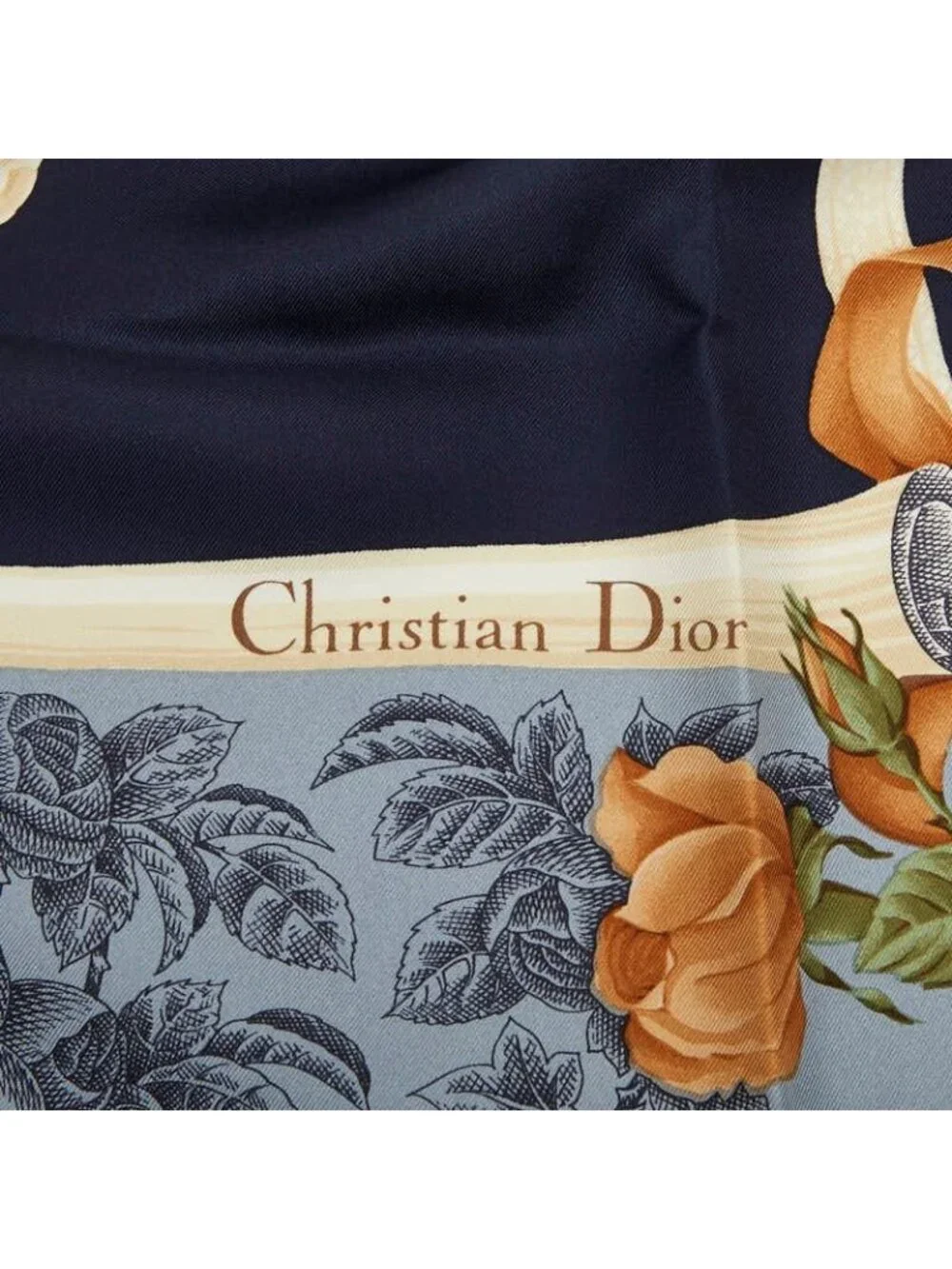 Dior Logo Flower Heart Motif Scarf Navy Blue Multicolor Silk